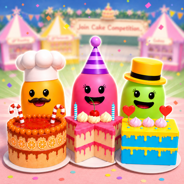 Three colourful Cake Crafter characters sitting on decorated cakes