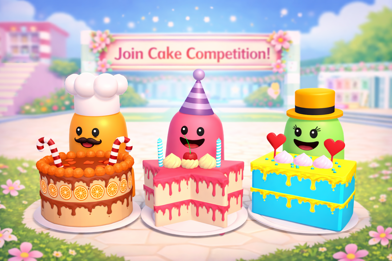 Three colourful Cake Crafter characters sitting on decorated cakes